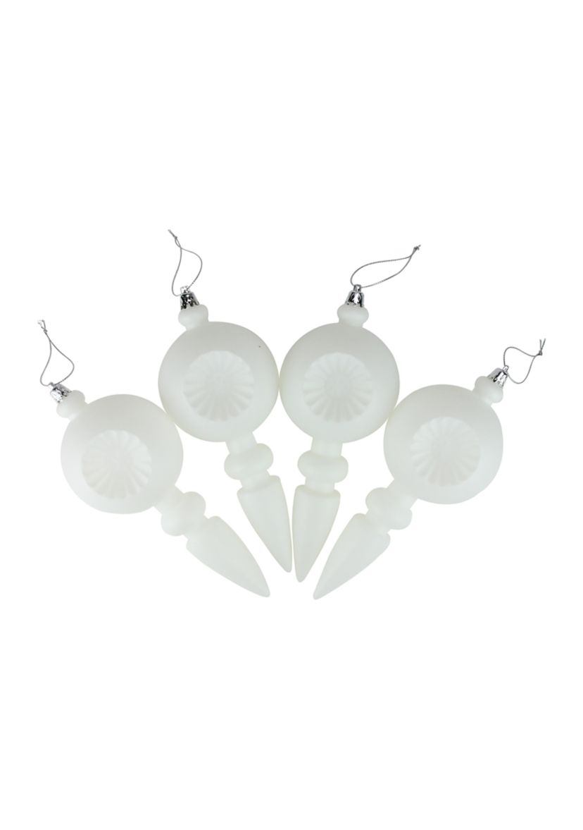 4 Count White Retro Reflector Shatterproof Matte 7.5" Christmas Finial Ornaments 