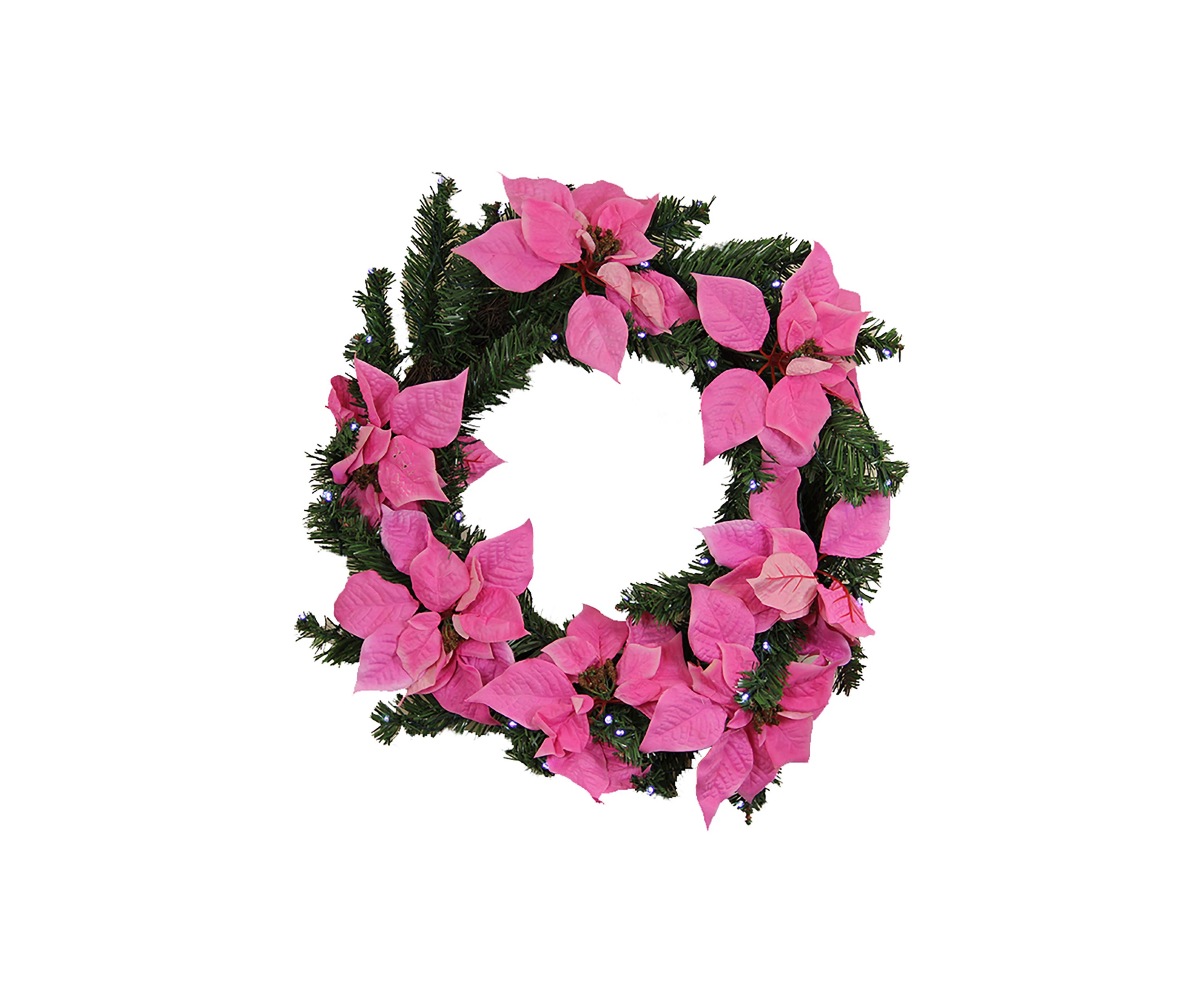 22Inch Pre-Lit Poinsettia Battery Operated Artificial Christmas Wreath - Clear LED Lights