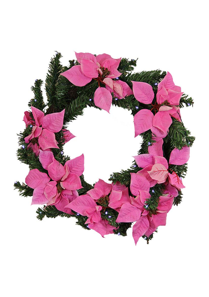 22Inch Pre-Lit Poinsettia Battery Operated Artificial Christmas Wreath - Clear LED Lights
