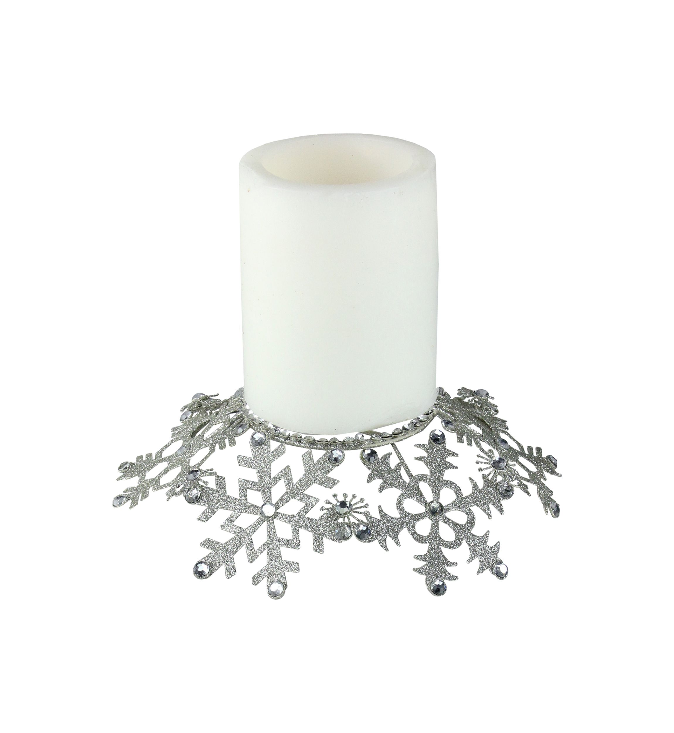 9Inch Silver Snowflake Glittered and Jeweled Christmas Pillar Candle Holder