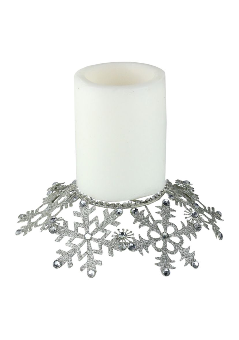 9Inch Silver Snowflake Glittered and Jeweled Christmas Pillar Candle Holder