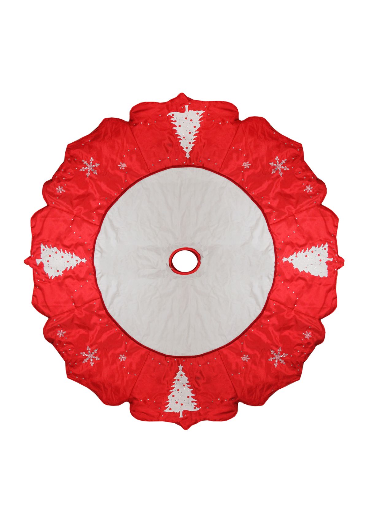 54Inch Red and White Embroidered Jeweled Tree with Snowflake Christmas Tree Skirt