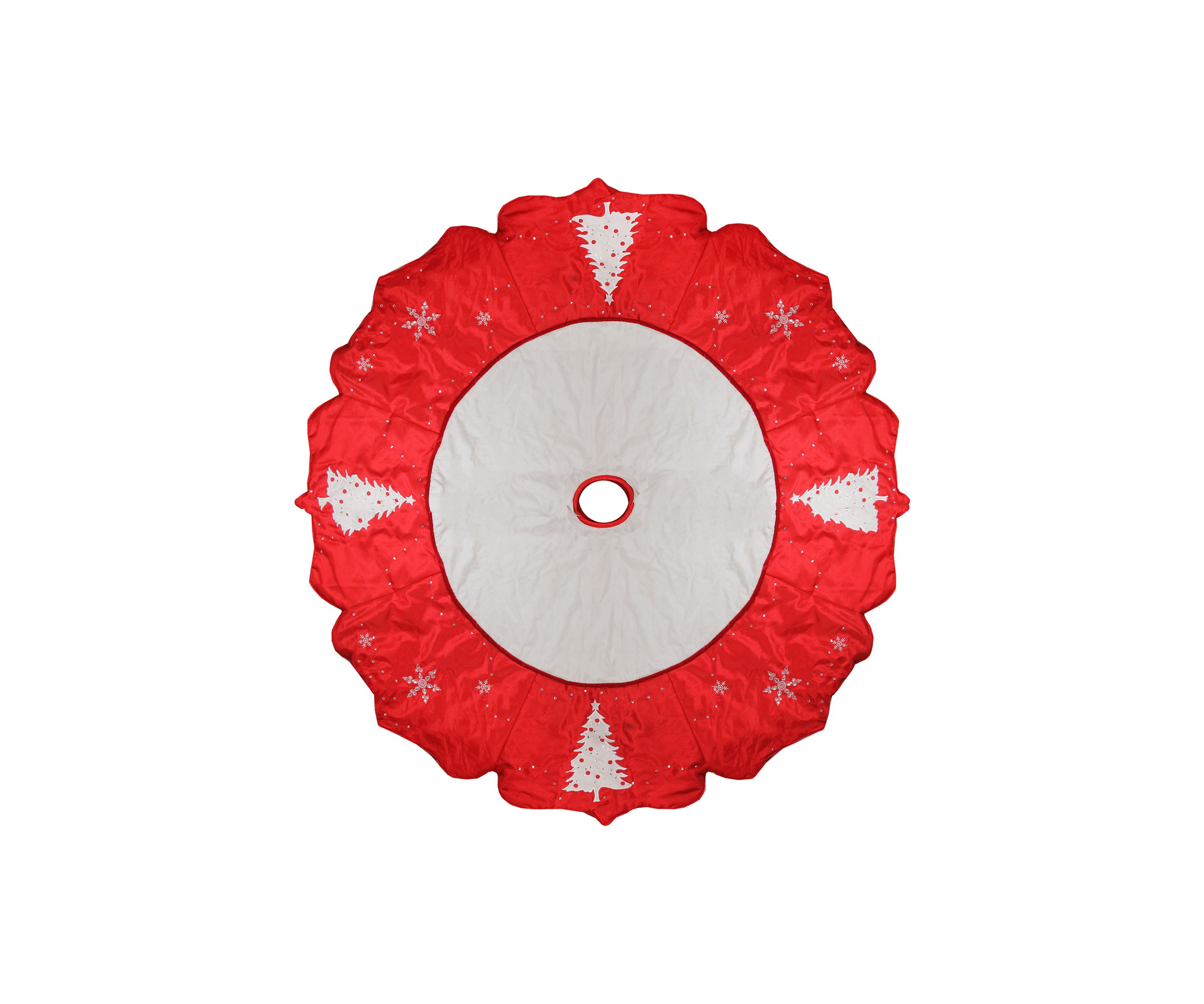 54Inch Red and White Embroidered Jeweled Tree with Snowflake Christmas Tree Skirt