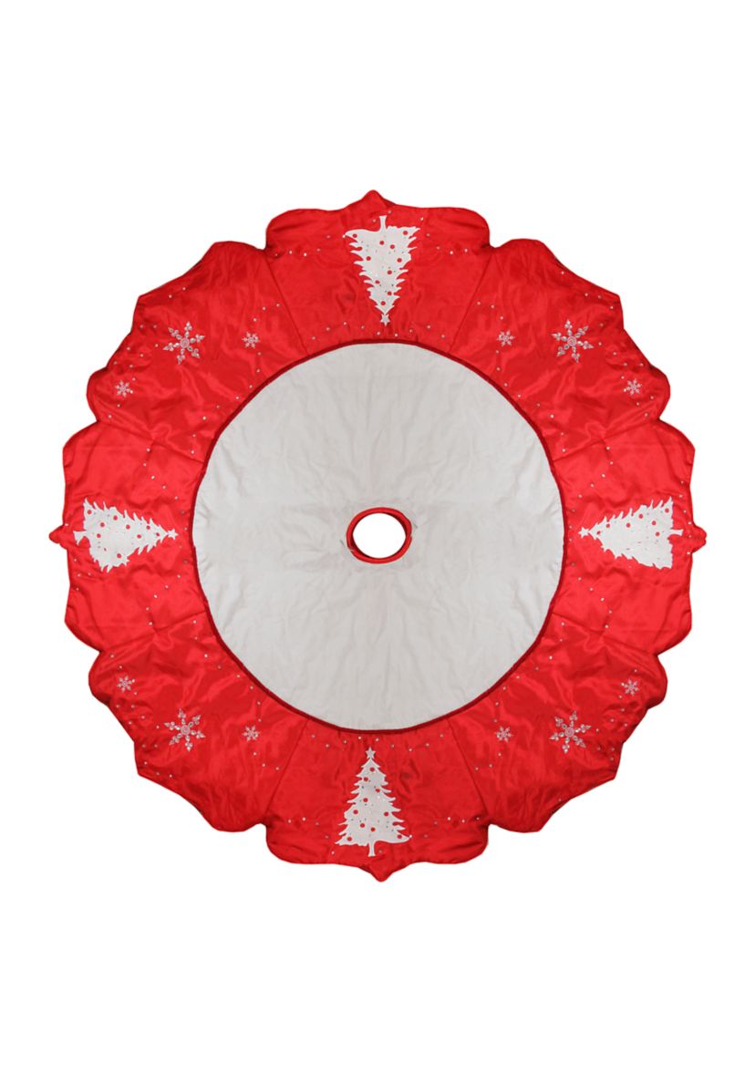 54Inch Red and White Embroidered Jeweled Tree with Snowflake Christmas Tree Skirt