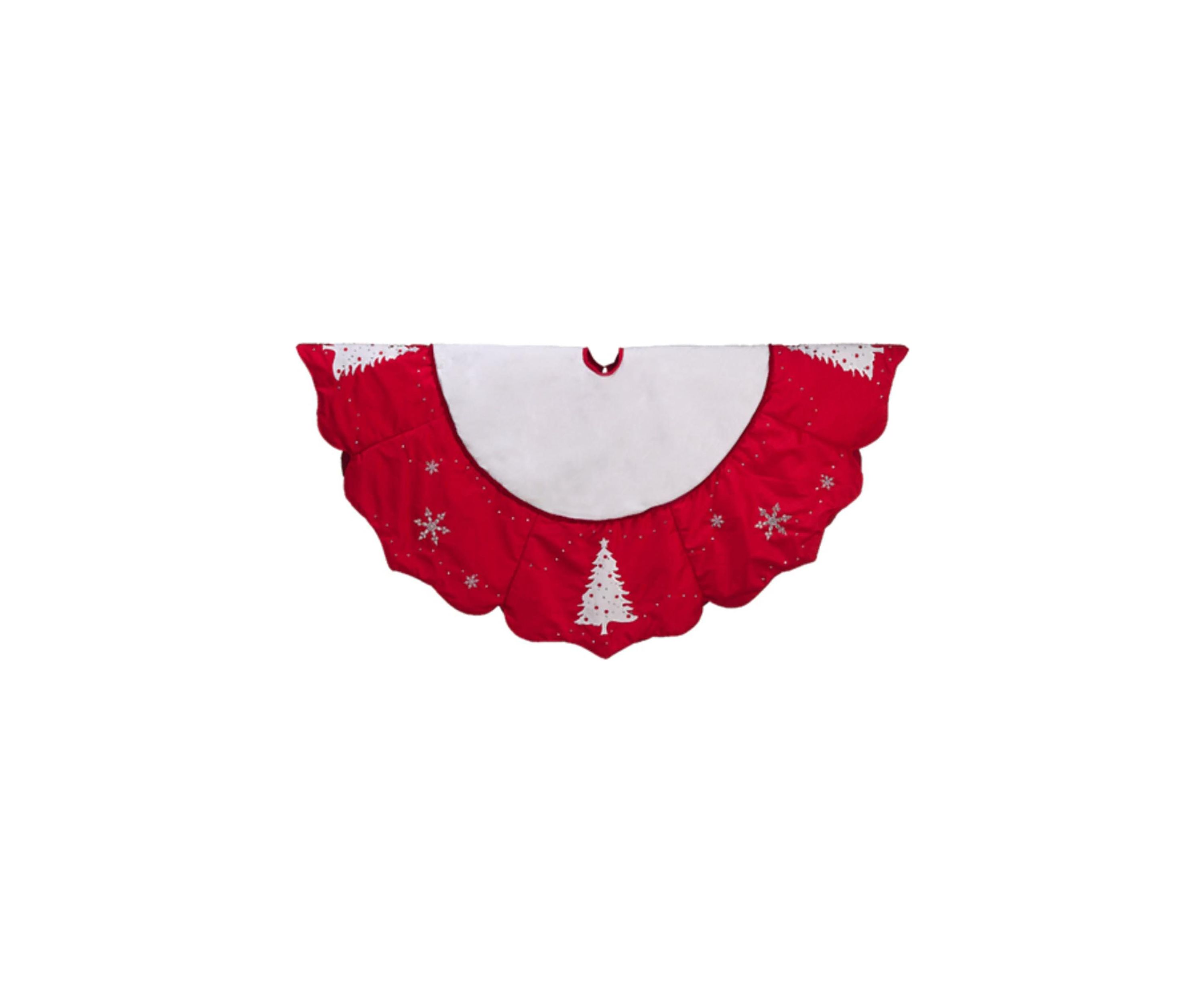 54Inch Red and White Embroidered Jeweled Tree with Snowflake Christmas Tree Skirt