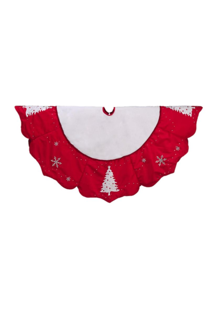 54Inch Red and White Embroidered Jeweled Tree with Snowflake Christmas Tree Skirt