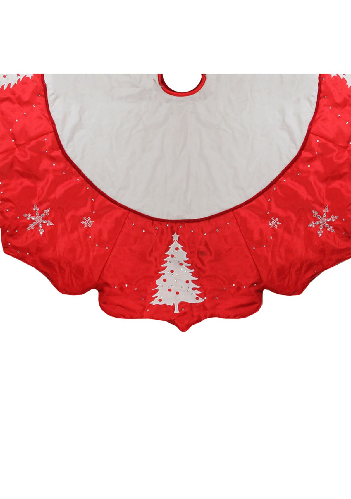 54Inch Red and White Embroidered Jeweled Tree with Snowflake Christmas Tree Skirt