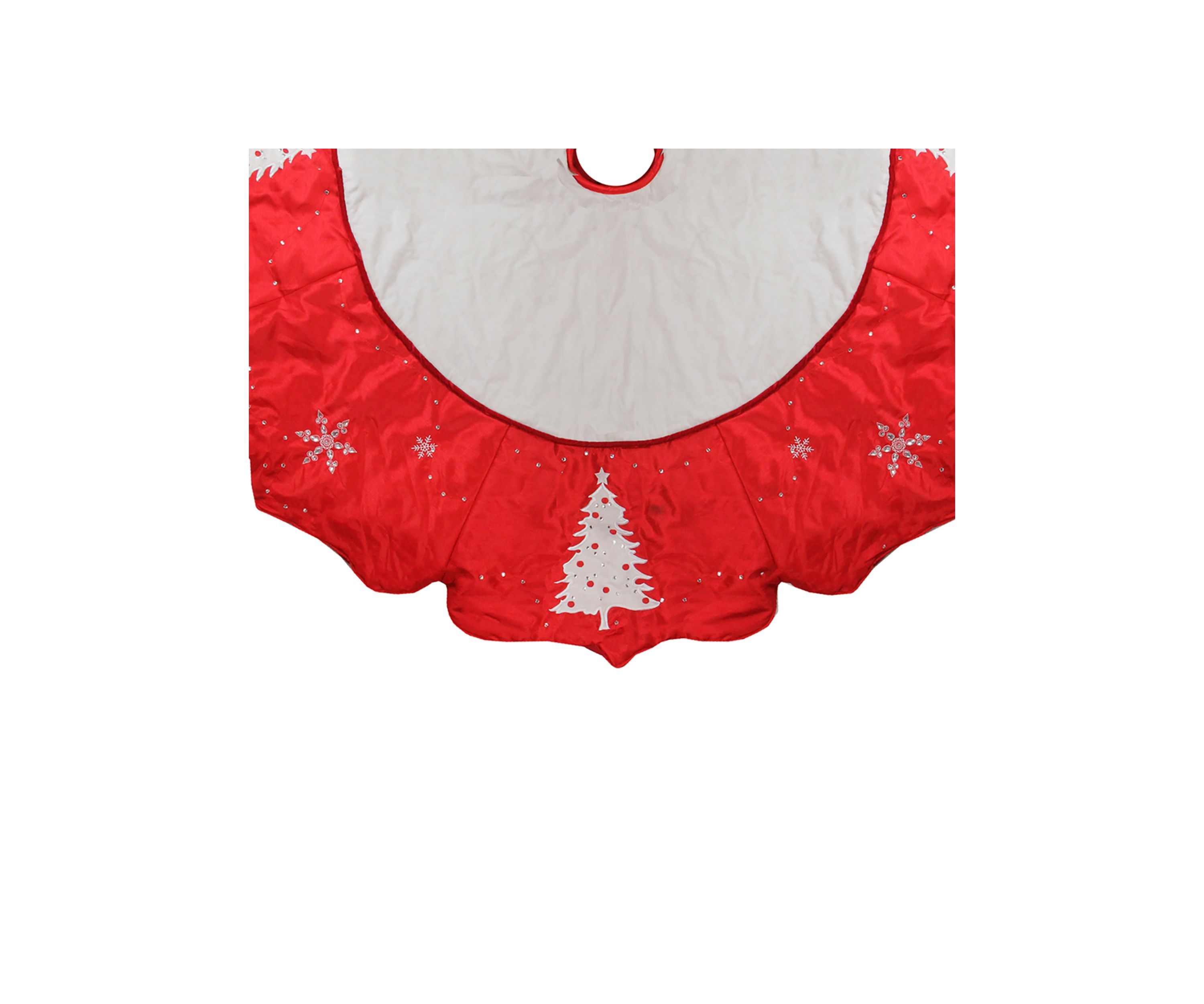 54Inch Red and White Embroidered Jeweled Tree with Snowflake Christmas Tree Skirt
