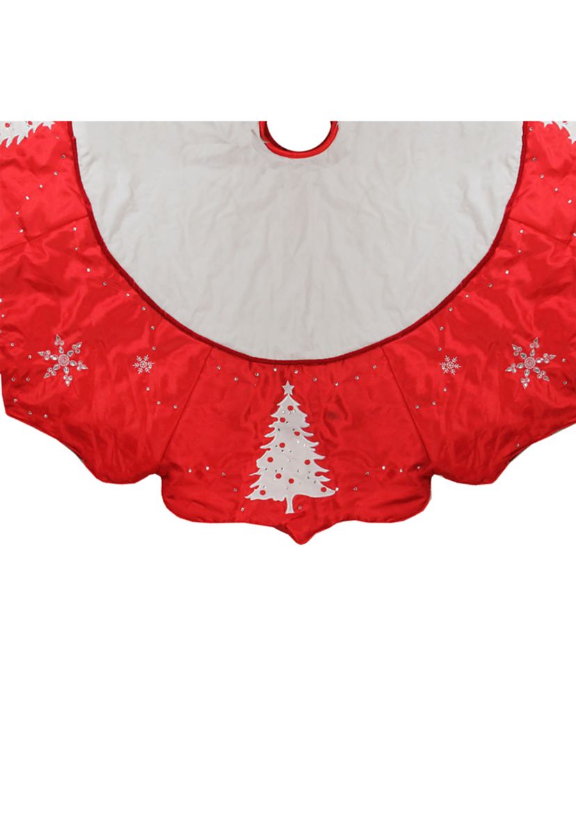 54Inch Red and White Embroidered Jeweled Tree with Snowflake Christmas Tree Skirt