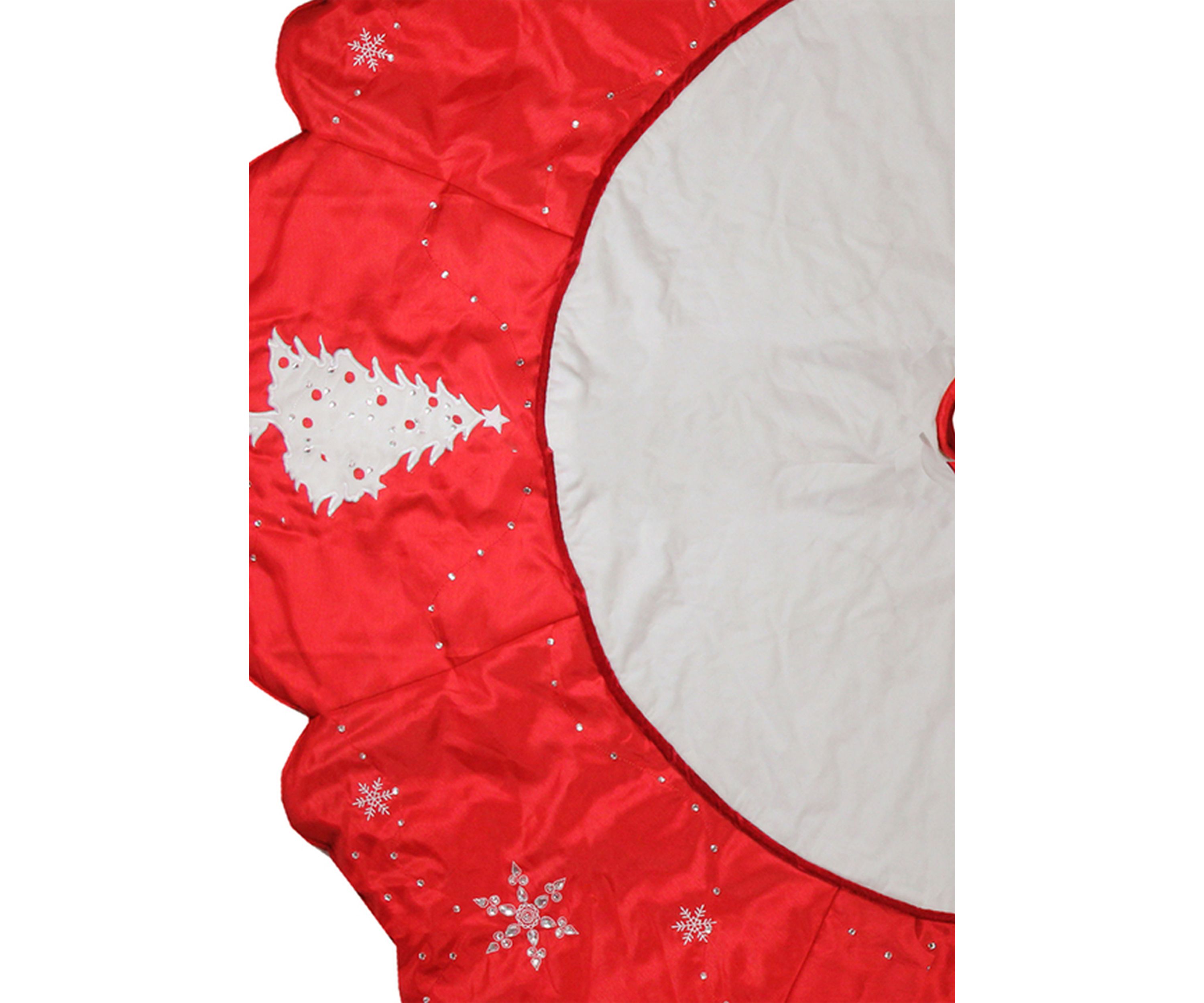 54Inch Red and White Embroidered Jeweled Tree with Snowflake Christmas Tree Skirt