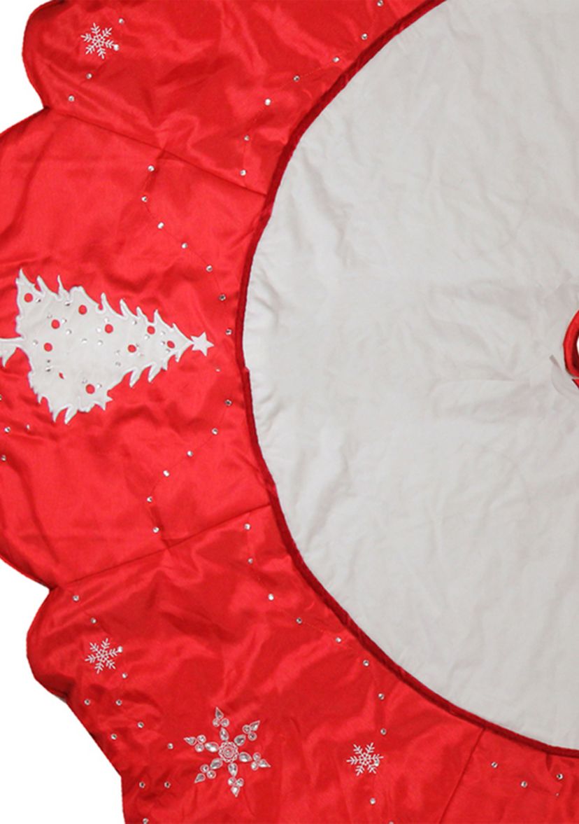 54Inch Red and White Embroidered Jeweled Tree with Snowflake Christmas Tree Skirt