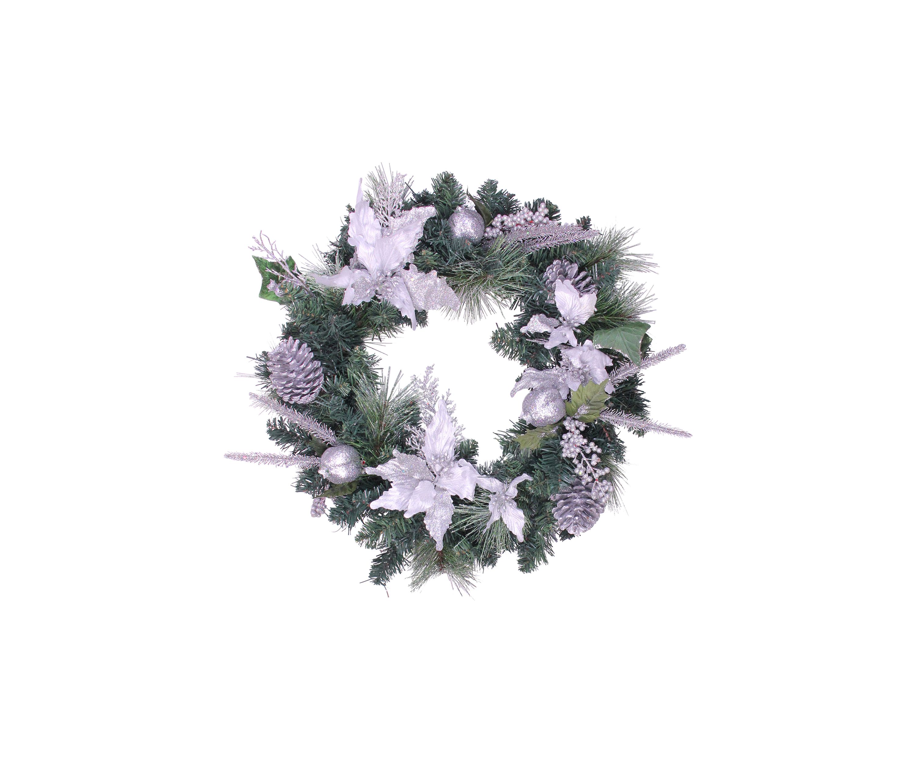 White Poinsettia and Pine Cone Artificial Christmas Wreath - 24" Unlit