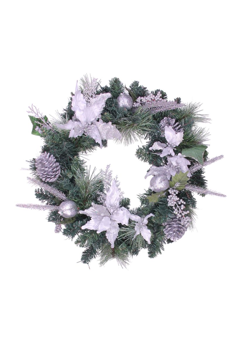 White Poinsettia and Pine Cone Artificial Christmas Wreath - 24" Unlit