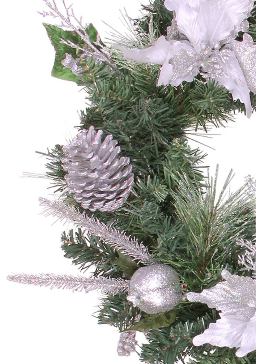 White Poinsettia and Pine Cone Artificial Christmas Wreath - 24" Unlit