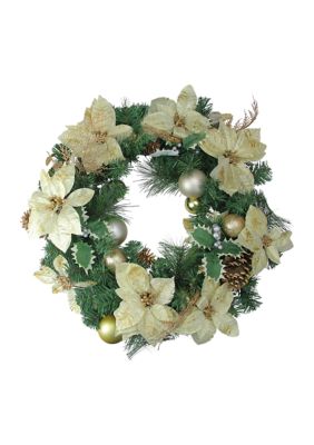 White Poinsettia and Pine Cone Artificial Christmas Wreath - 24" Unlit
