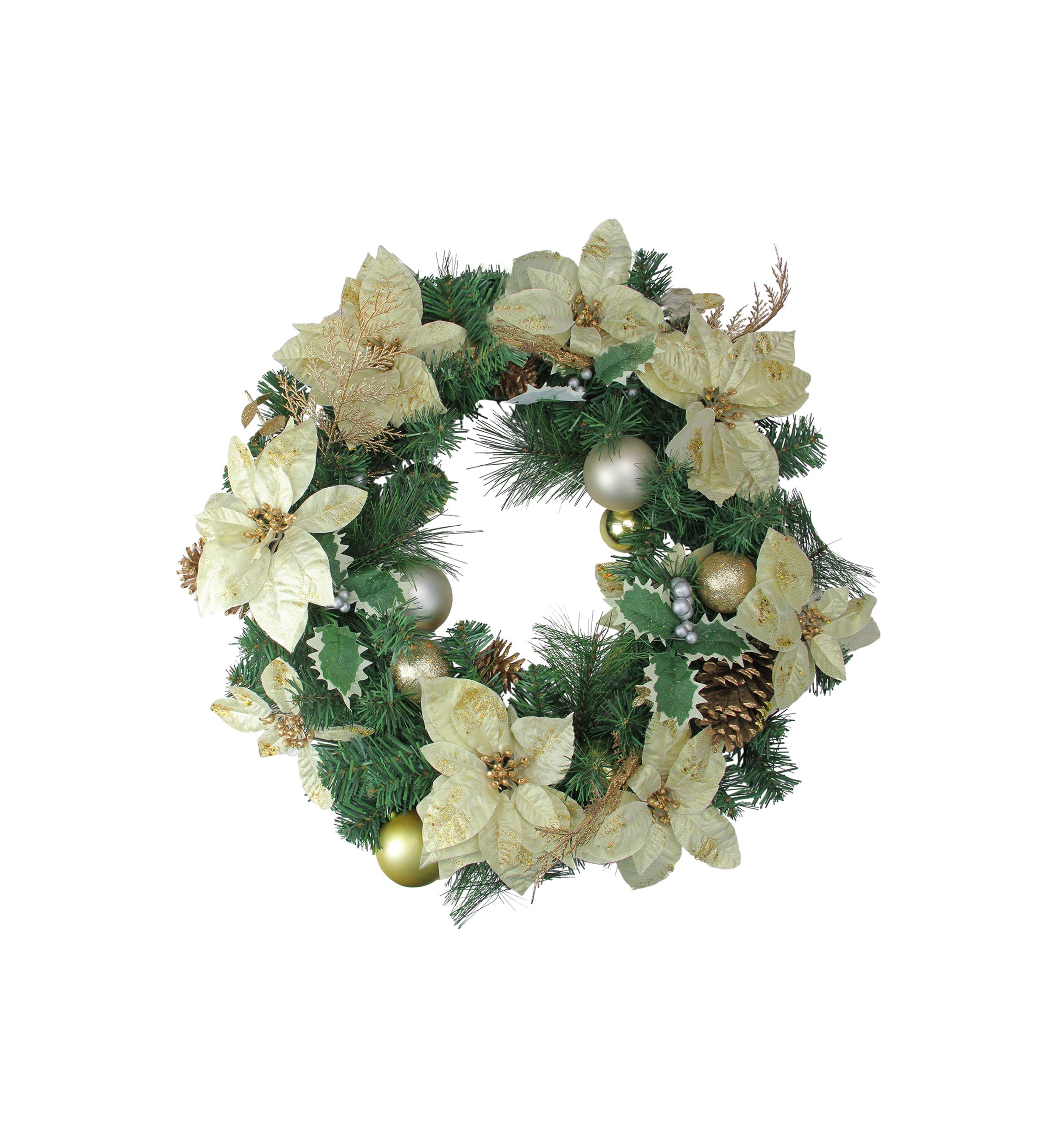 White Poinsettia and Pine Cone Artificial Christmas Wreath - 24" Unlit