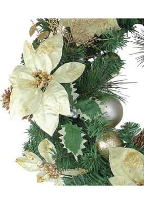 White Poinsettia and Pine Cone Artificial Christmas Wreath - 24" Unlit