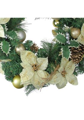 White Poinsettia and Pine Cone Artificial Christmas Wreath - 24" Unlit