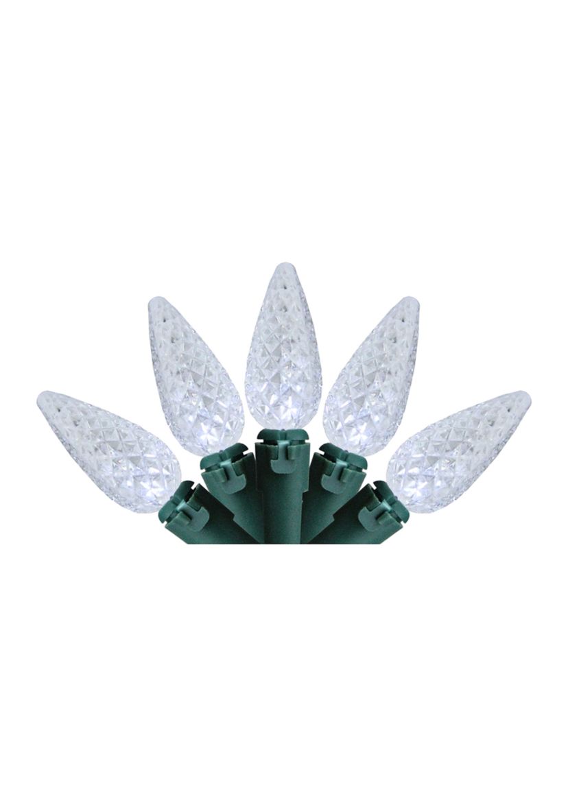35 Battery Operated White Faceted LED C6 Christmas Lights - 11 ft Green Wire