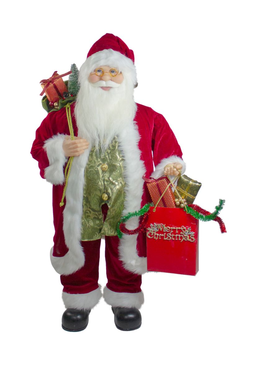 36" Red and White Standing Santa Claus Figure with Gift Bag