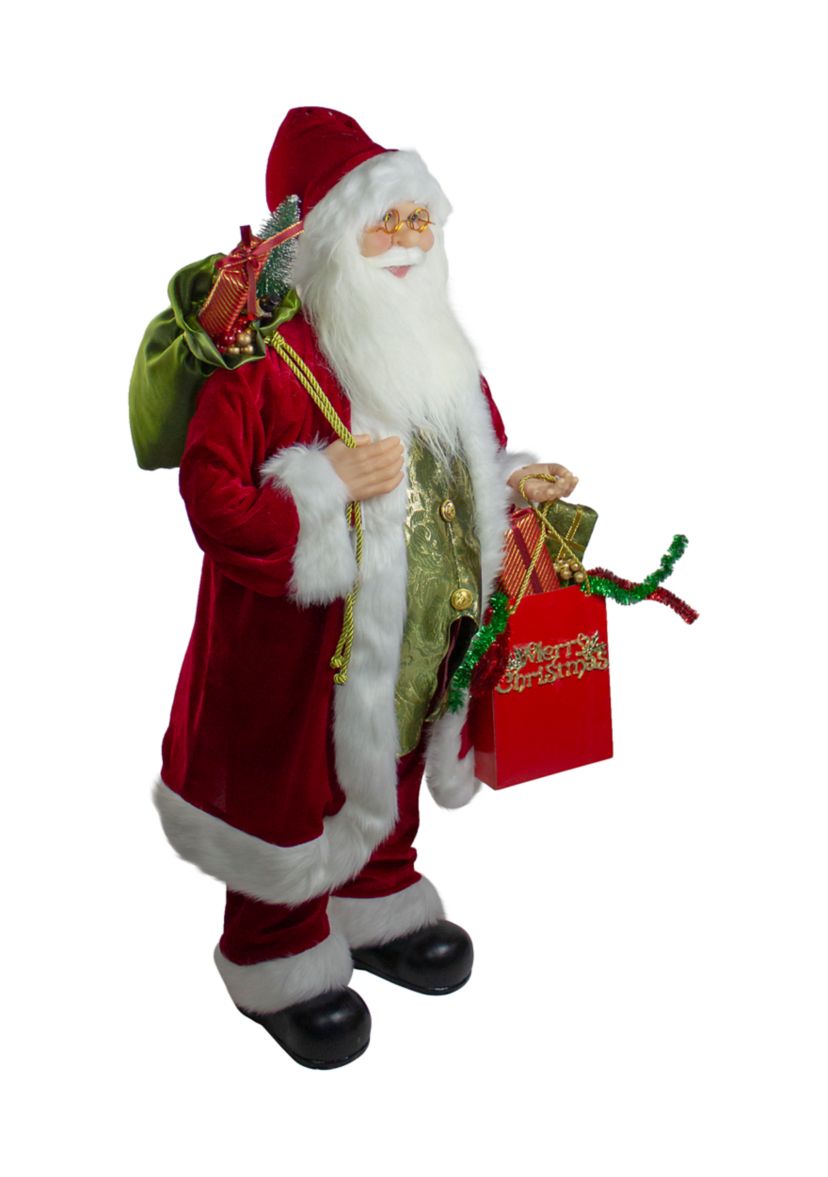 36" Red and White Standing Santa Claus Figure with Gift Bag
