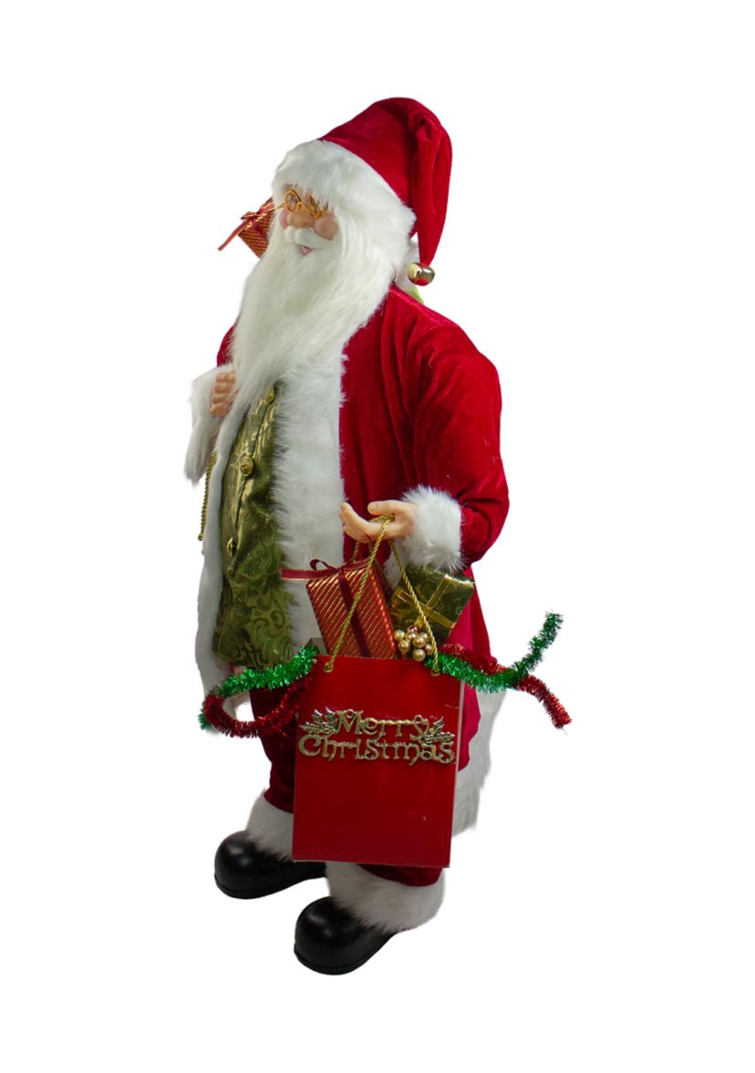 36" Red and White Standing Santa Claus Figure with Gift Bag
