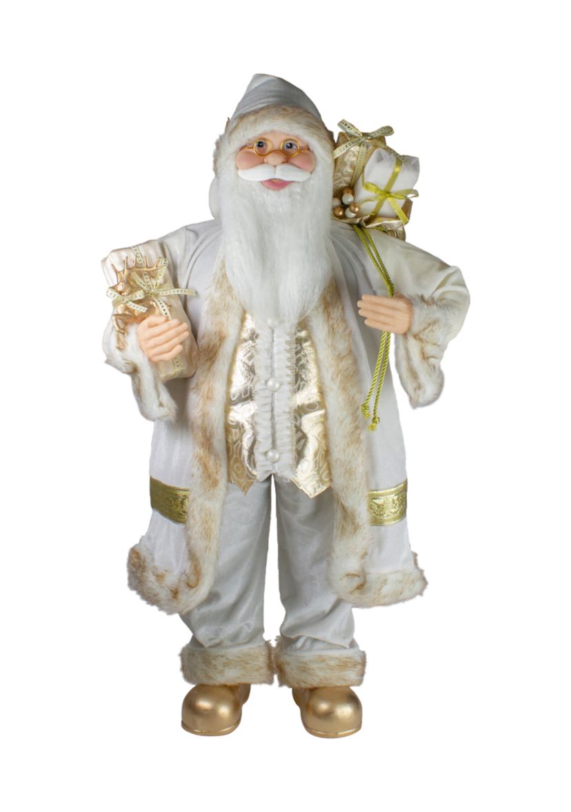 36" Glorious Winter White and Ivory Standing Santa Claus Christmas Figure with Gift Bag