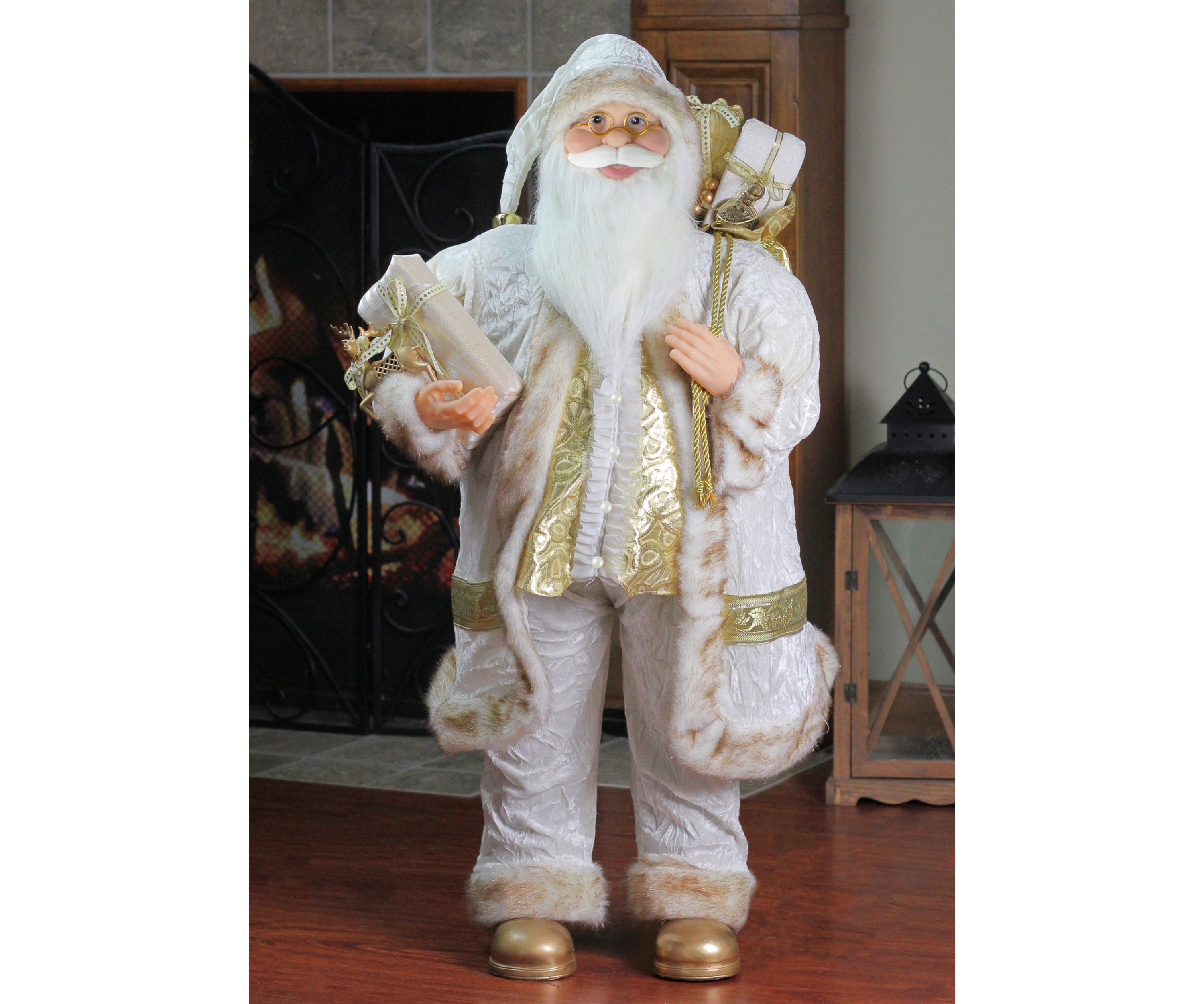 36" Glorious Winter White and Ivory Standing Santa Claus Christmas Figure with Gift Bag