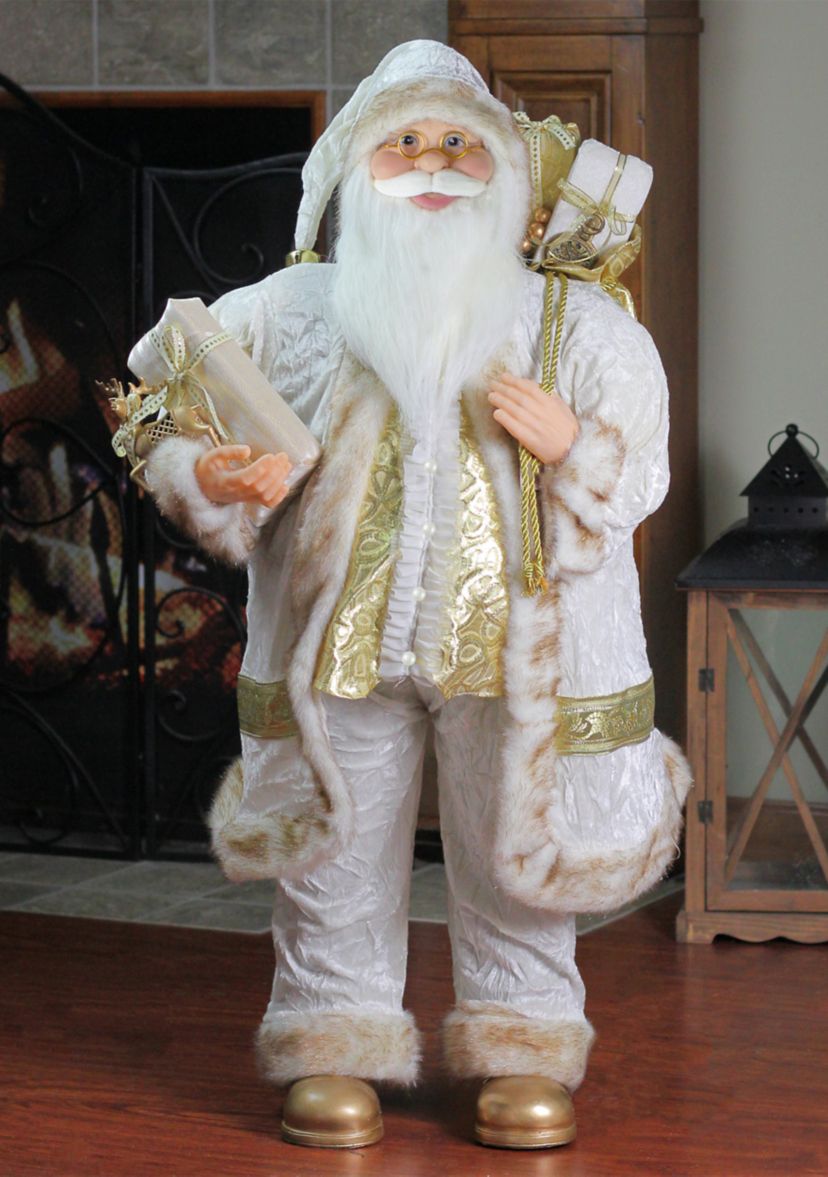 36" Glorious Winter White and Ivory Standing Santa Claus Christmas Figure with Gift Bag