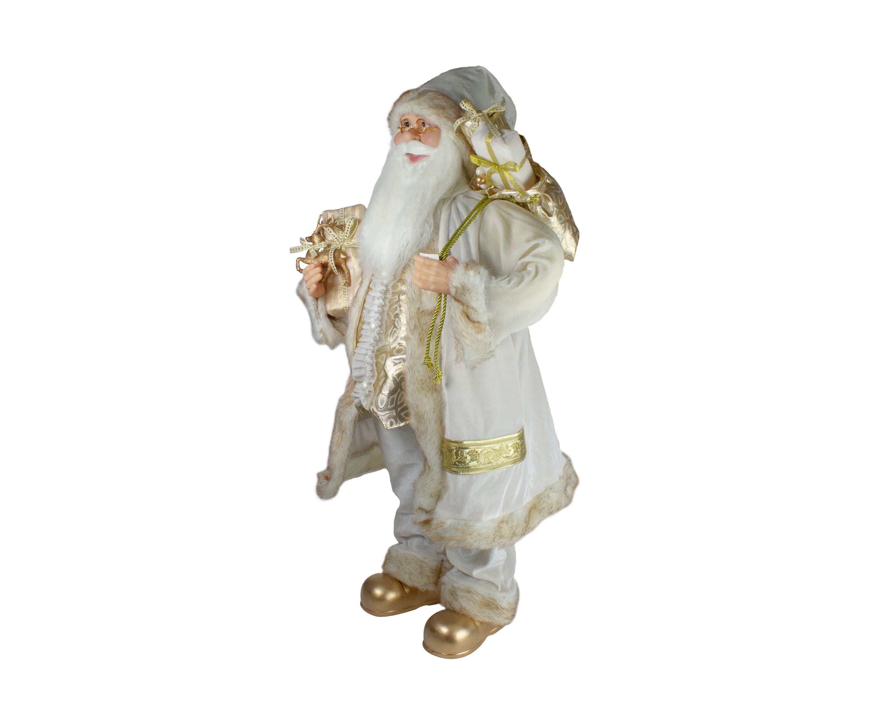 36" Glorious Winter White and Ivory Standing Santa Claus Christmas Figure with Gift Bag