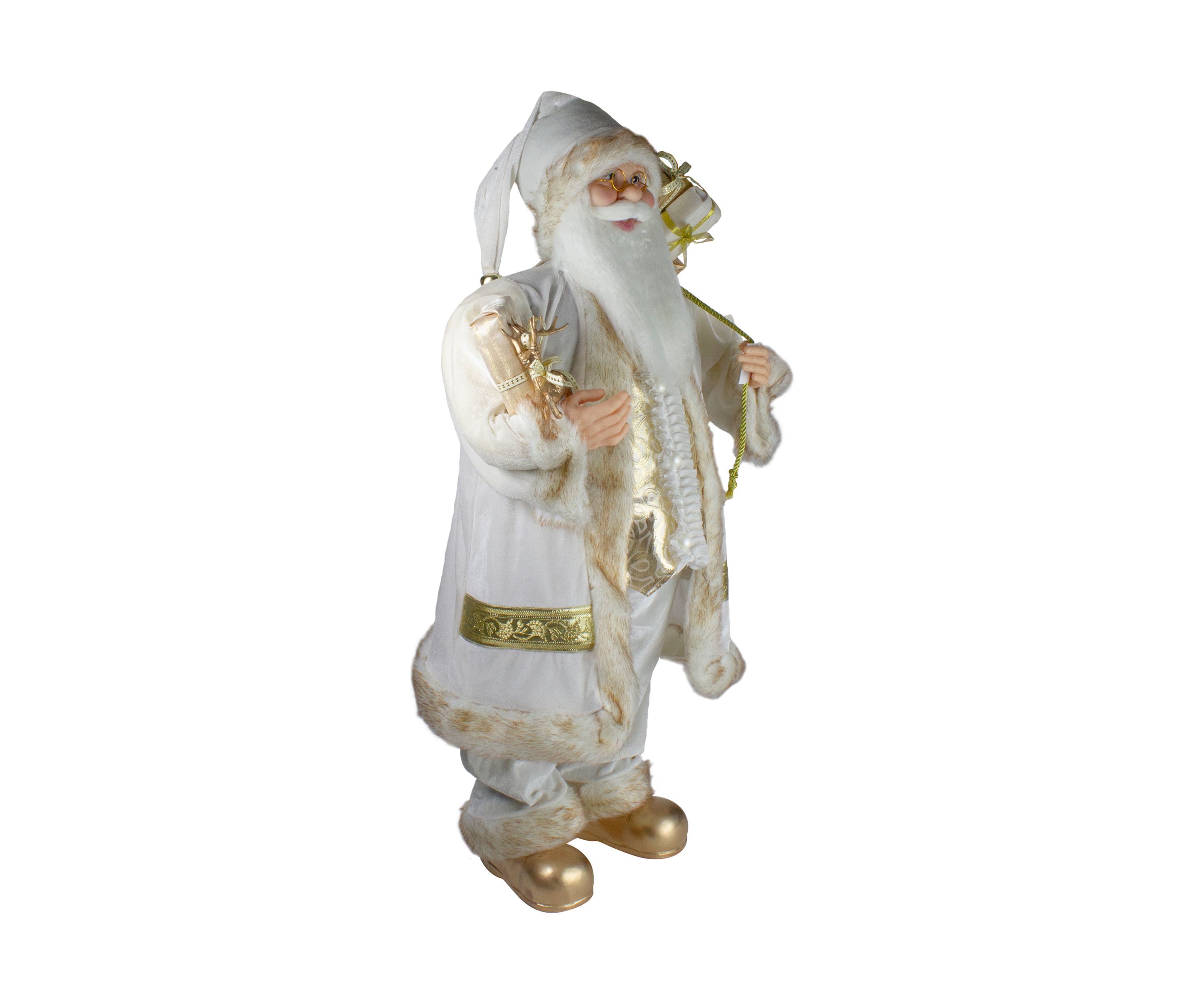 36" Glorious Winter White and Ivory Standing Santa Claus Christmas Figure with Gift Bag