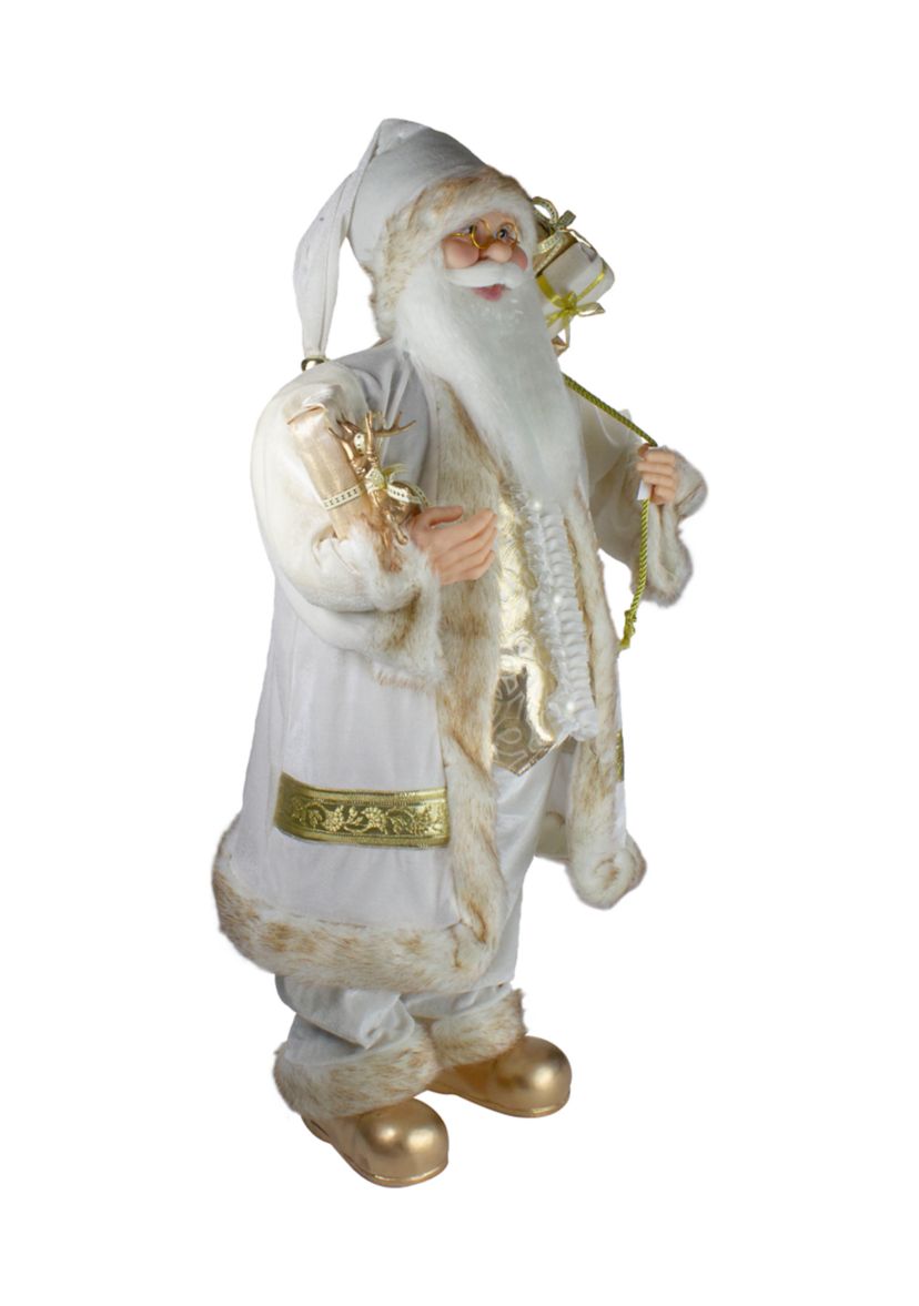 36" Glorious Winter White and Ivory Standing Santa Claus Christmas Figure with Gift Bag