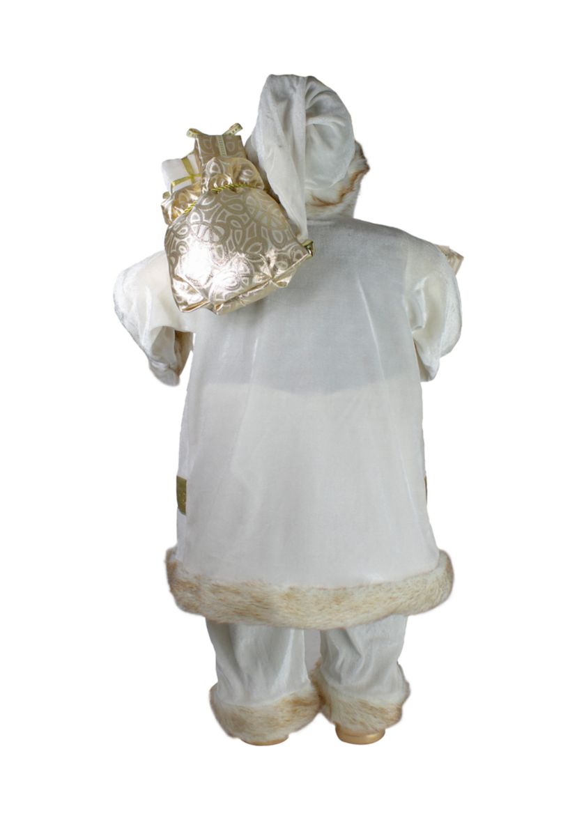 36" Glorious Winter White and Ivory Standing Santa Claus Christmas Figure with Gift Bag