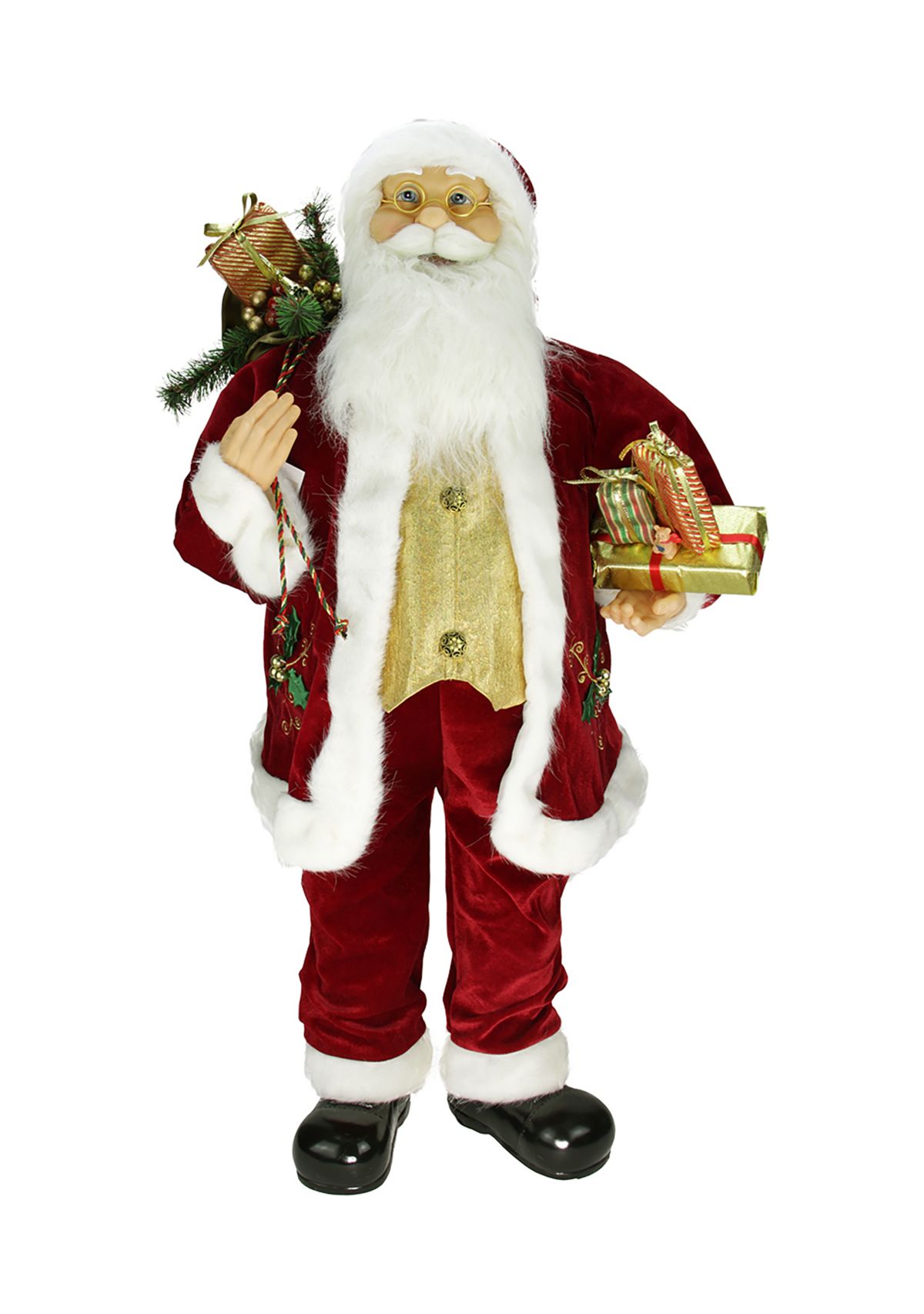 36" Red and White Traditional Holly Berry Standing Santa Claus Christmas Figure with Presents and Gift Bag