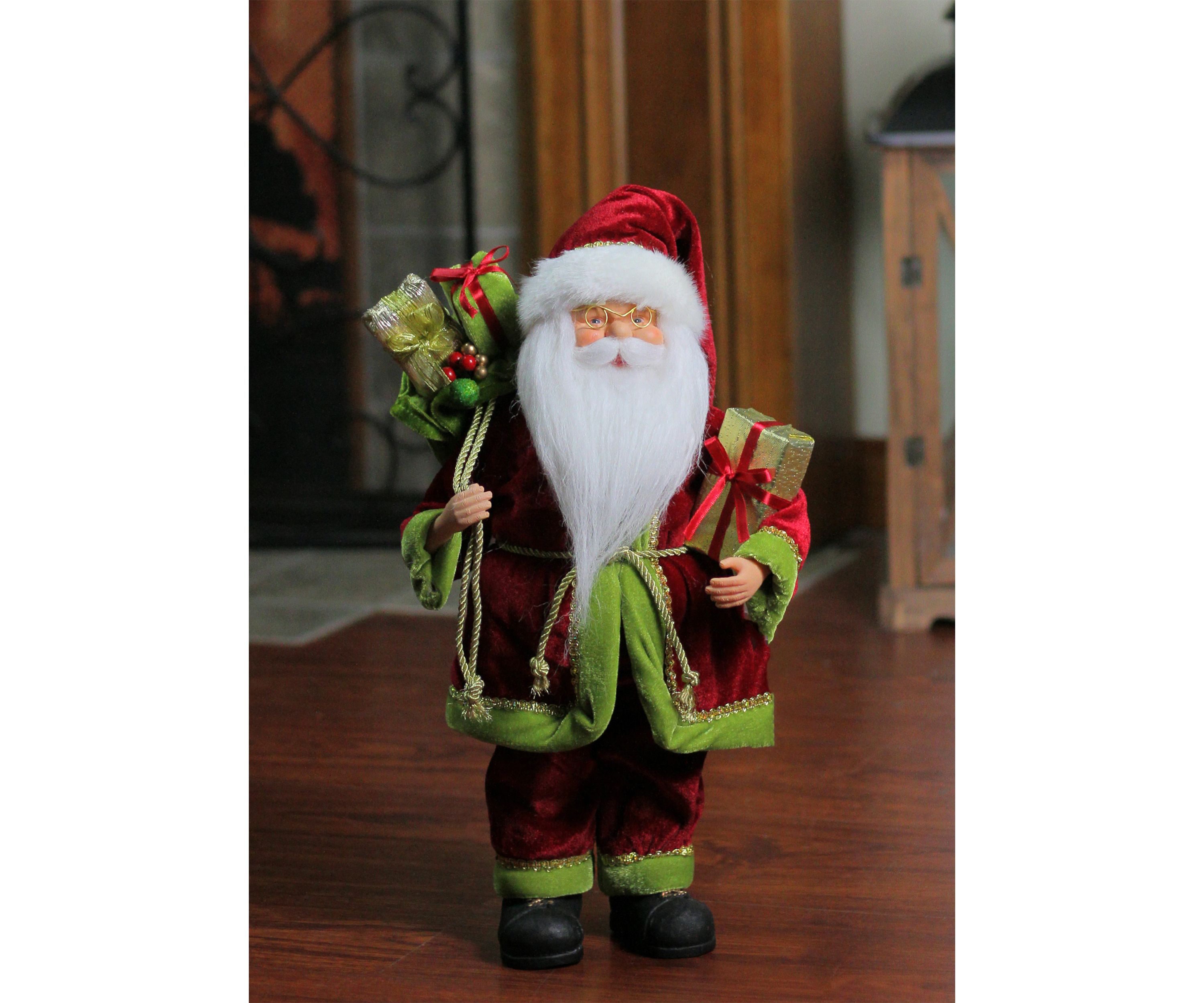 16" Red and Green Grand Imperial Santa Claus with Gift Bag Christmas Tabletop Figurine