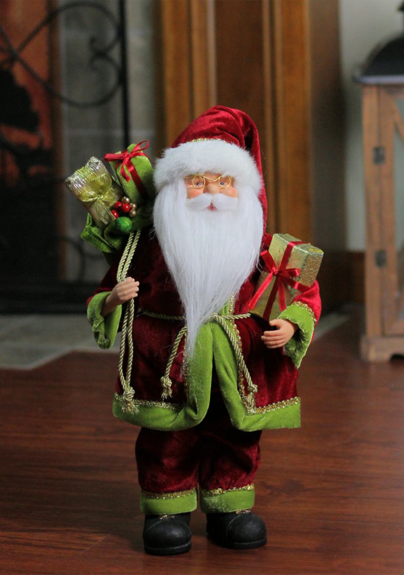 16" Red and Green Grand Imperial Santa Claus with Gift Bag Christmas Tabletop Figurine