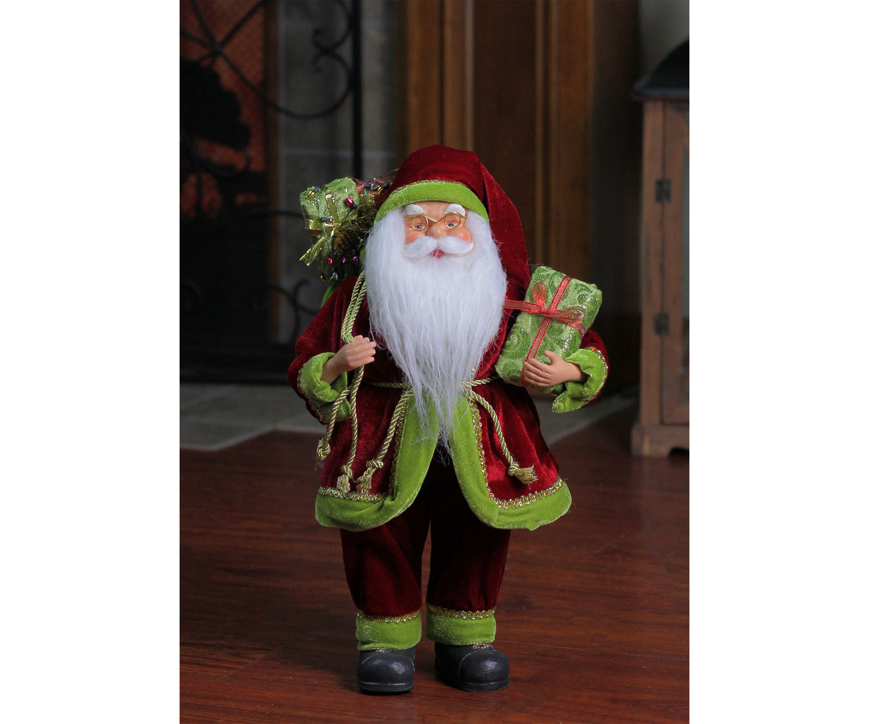 16" Red and Green Standing Santa Claus with Gift Bag Christmas Figurine