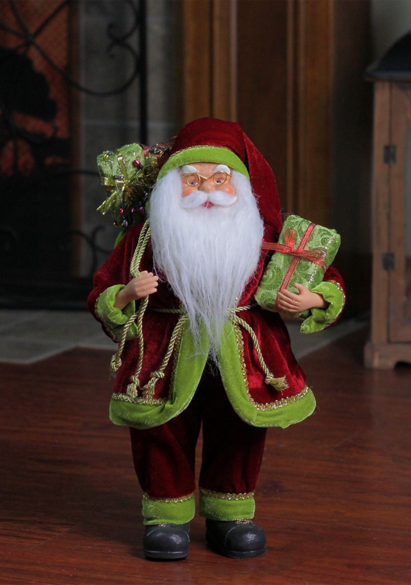 16" Red and Green Standing Santa Claus with Gift Bag Christmas Figurine