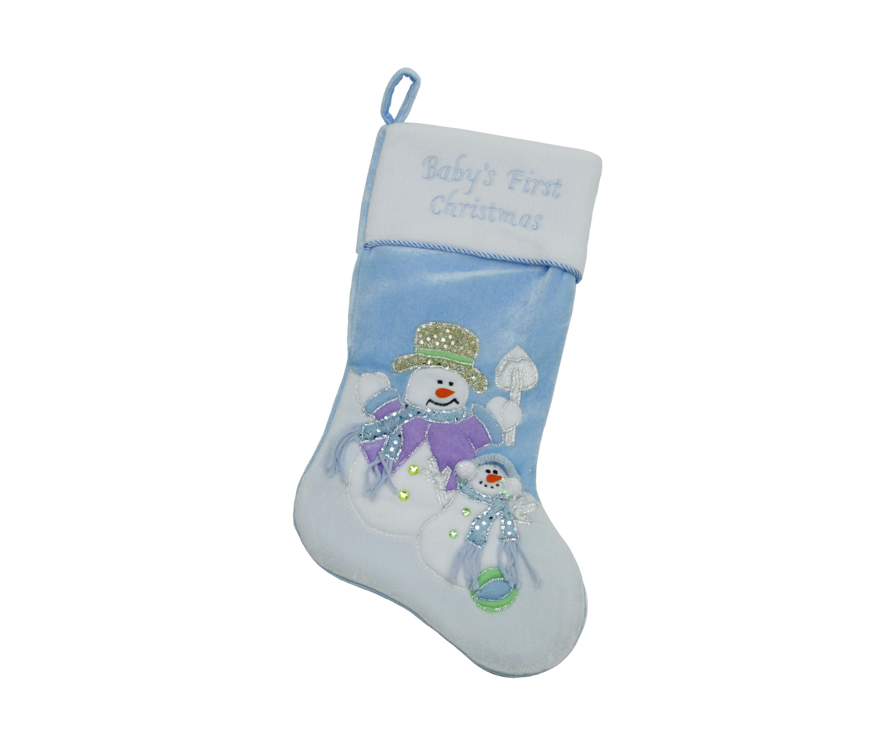 21" Blue and White Babys First Christmas Snowman Stocking
