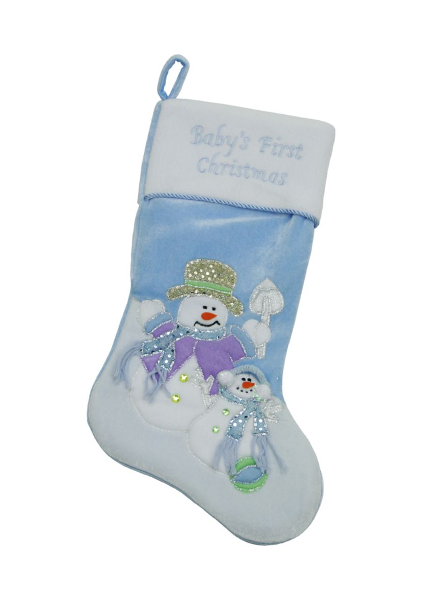 21" Blue and White Babys First Christmas Snowman Stocking