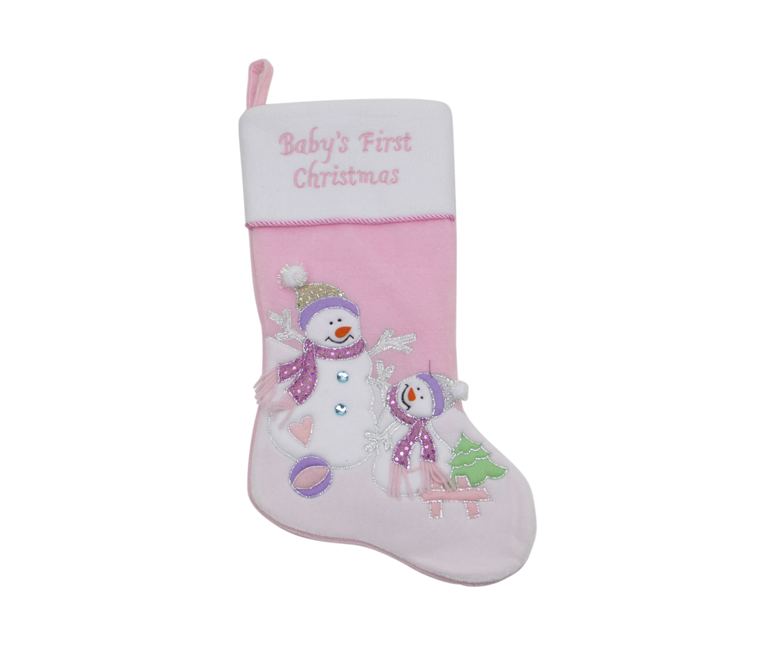 21" Light Pink Babys First Christmas Velveteen Snowmen Christmas Stocking