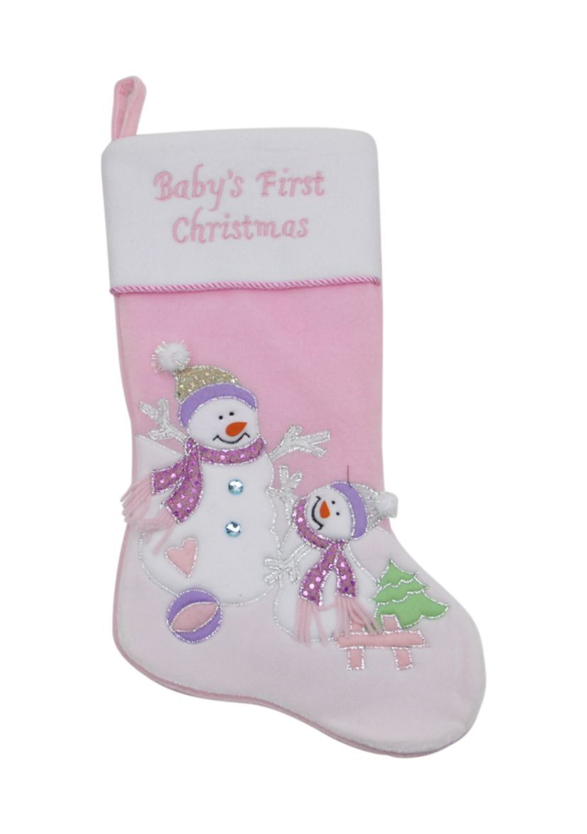 21" Light Pink Babys First Christmas Velveteen Snowmen Christmas Stocking