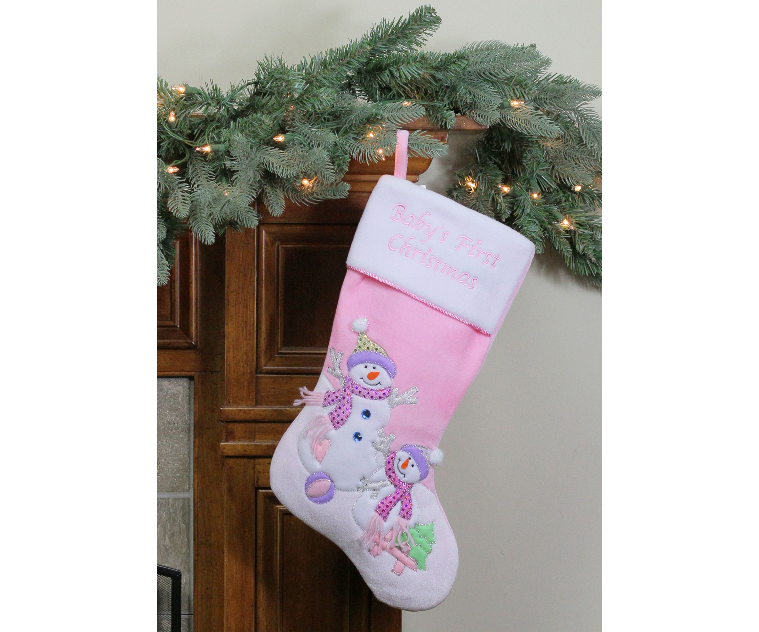 21" Light Pink Babys First Christmas Velveteen Snowmen Christmas Stocking
