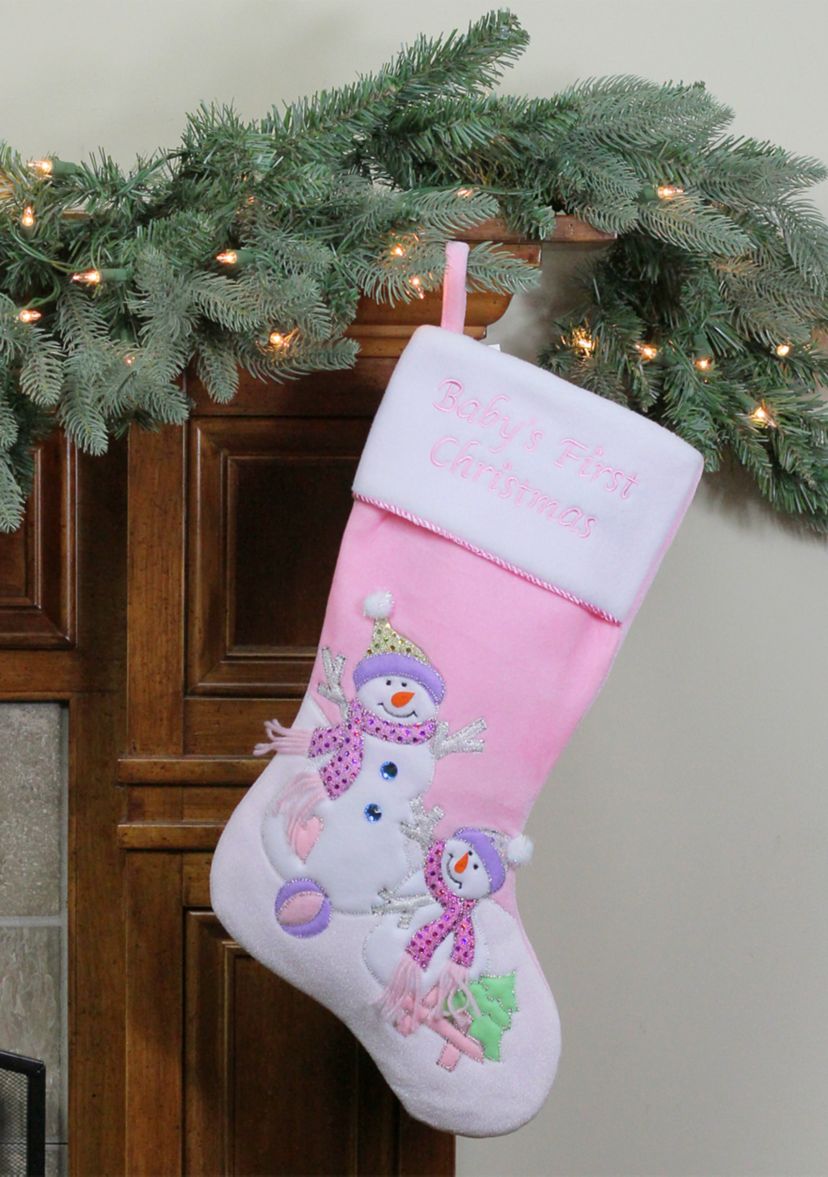 21" Light Pink Babys First Christmas Velveteen Snowmen Christmas Stocking