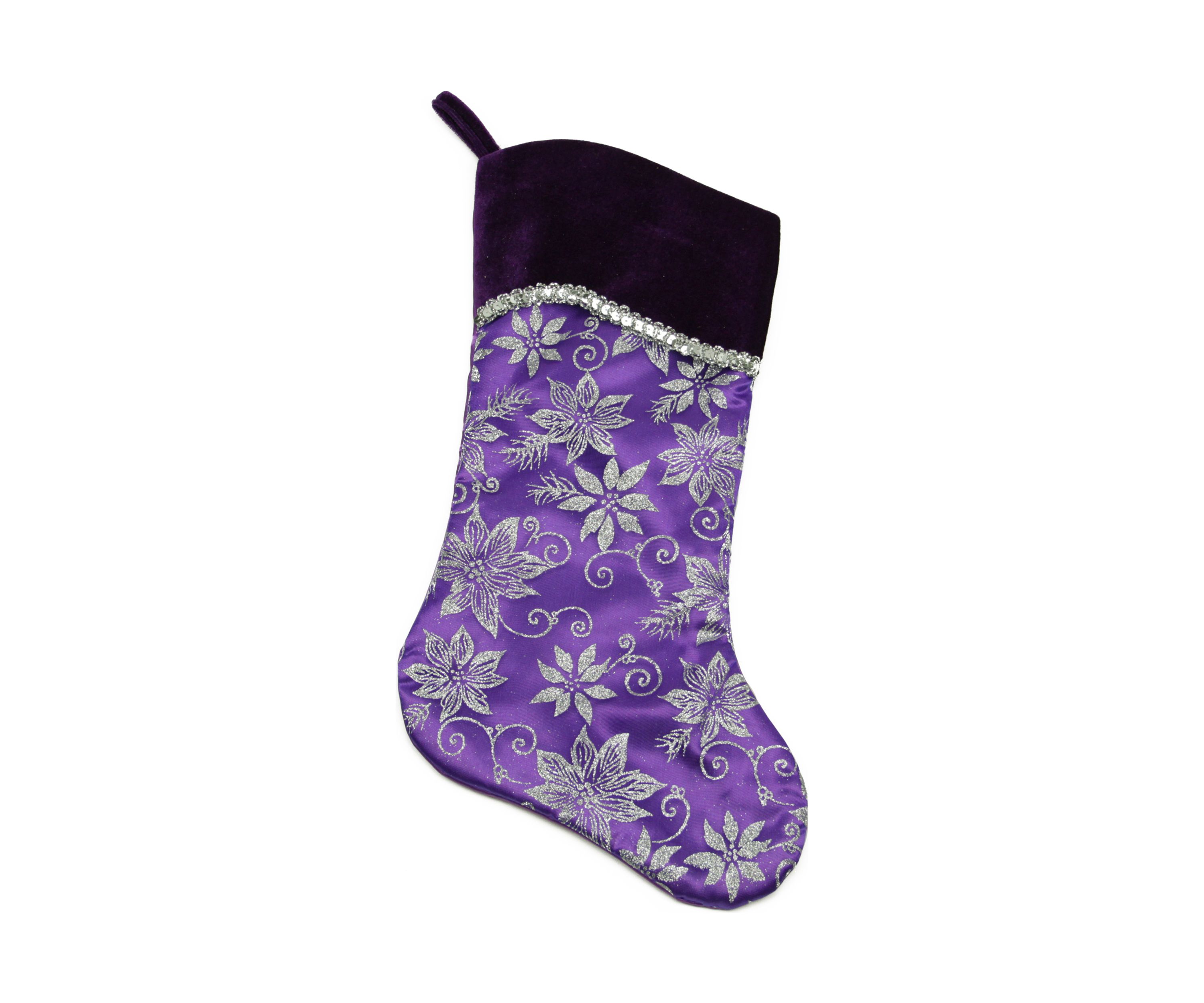 20Inch Purple and Silver Glittered Floral Christmas Stocking with Shadow Velveteen Cuff