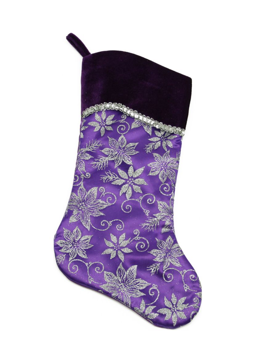 20Inch Purple and Silver Glittered Floral Christmas Stocking with Shadow Velveteen Cuff