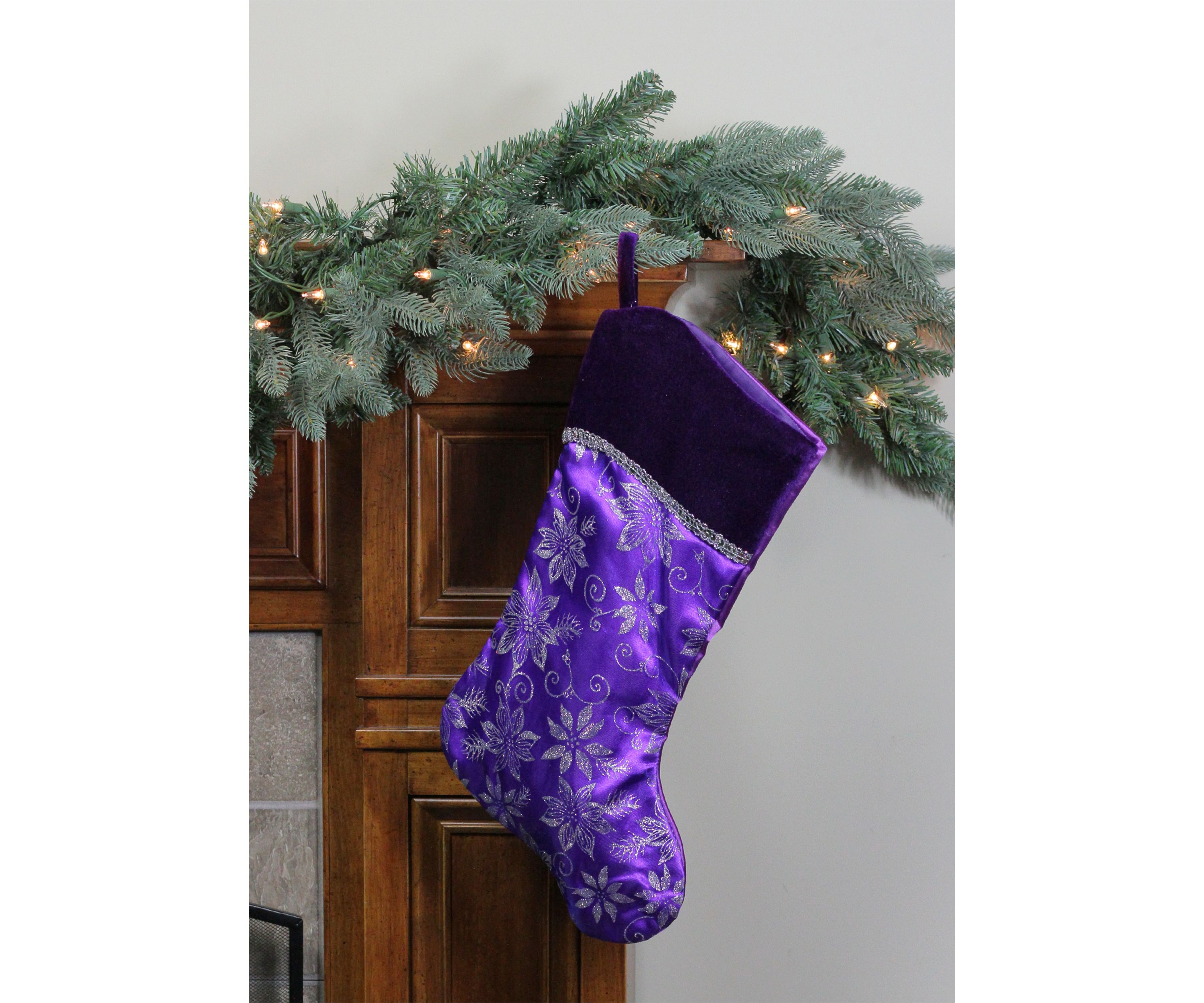 20Inch Purple and Silver Glittered Floral Christmas Stocking with Shadow Velveteen Cuff