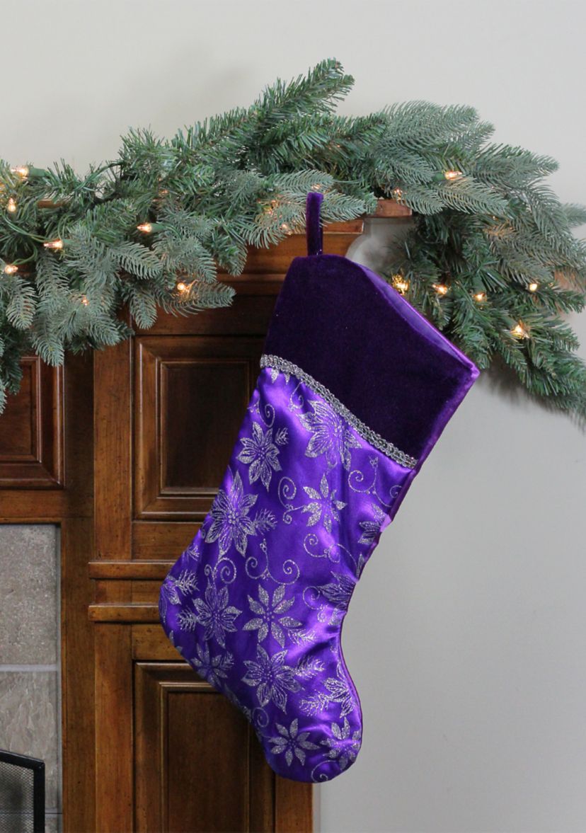 20Inch Purple and Silver Glittered Floral Christmas Stocking with Shadow Velveteen Cuff