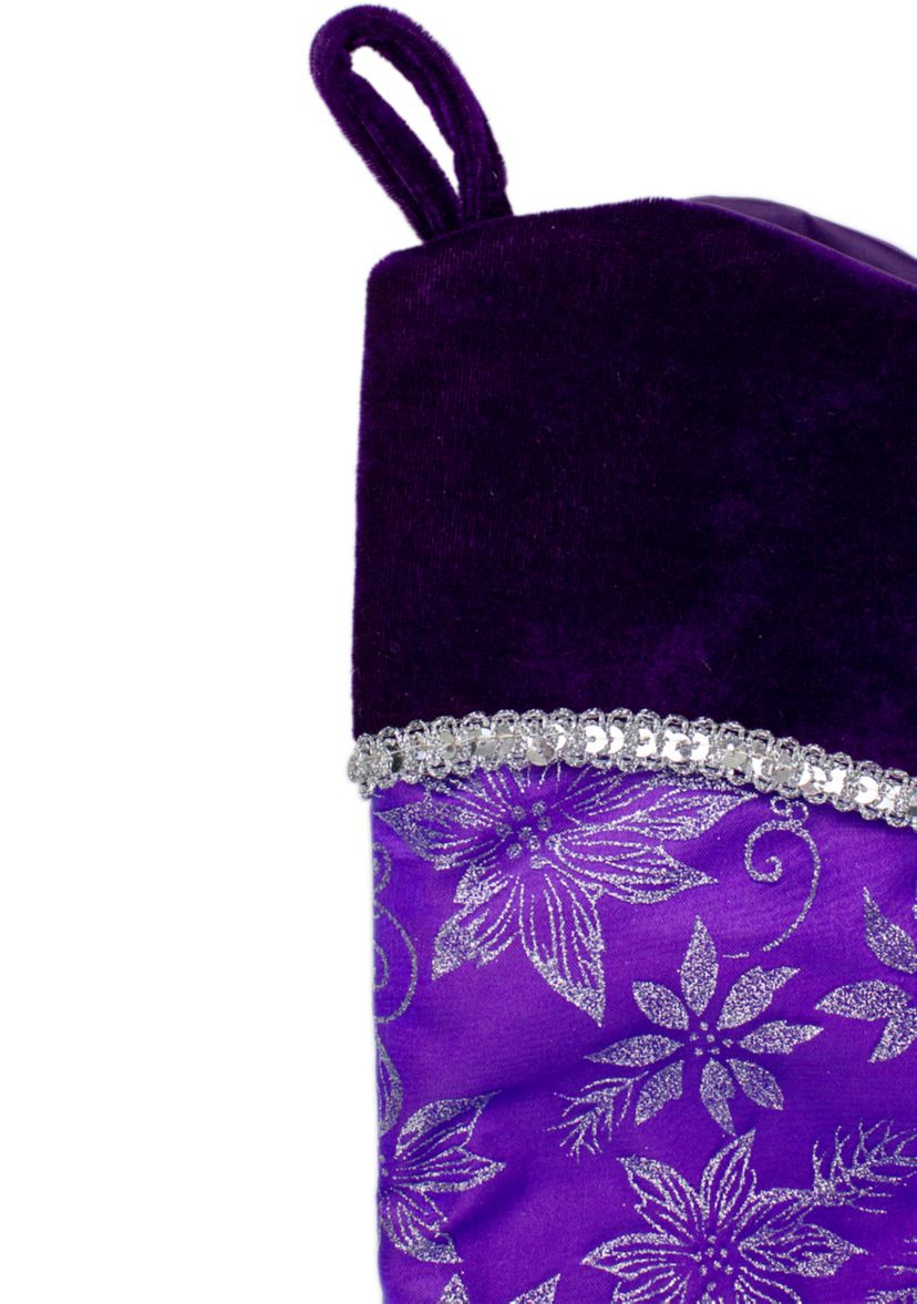20Inch Purple and Silver Glittered Floral Christmas Stocking with Shadow Velveteen Cuff