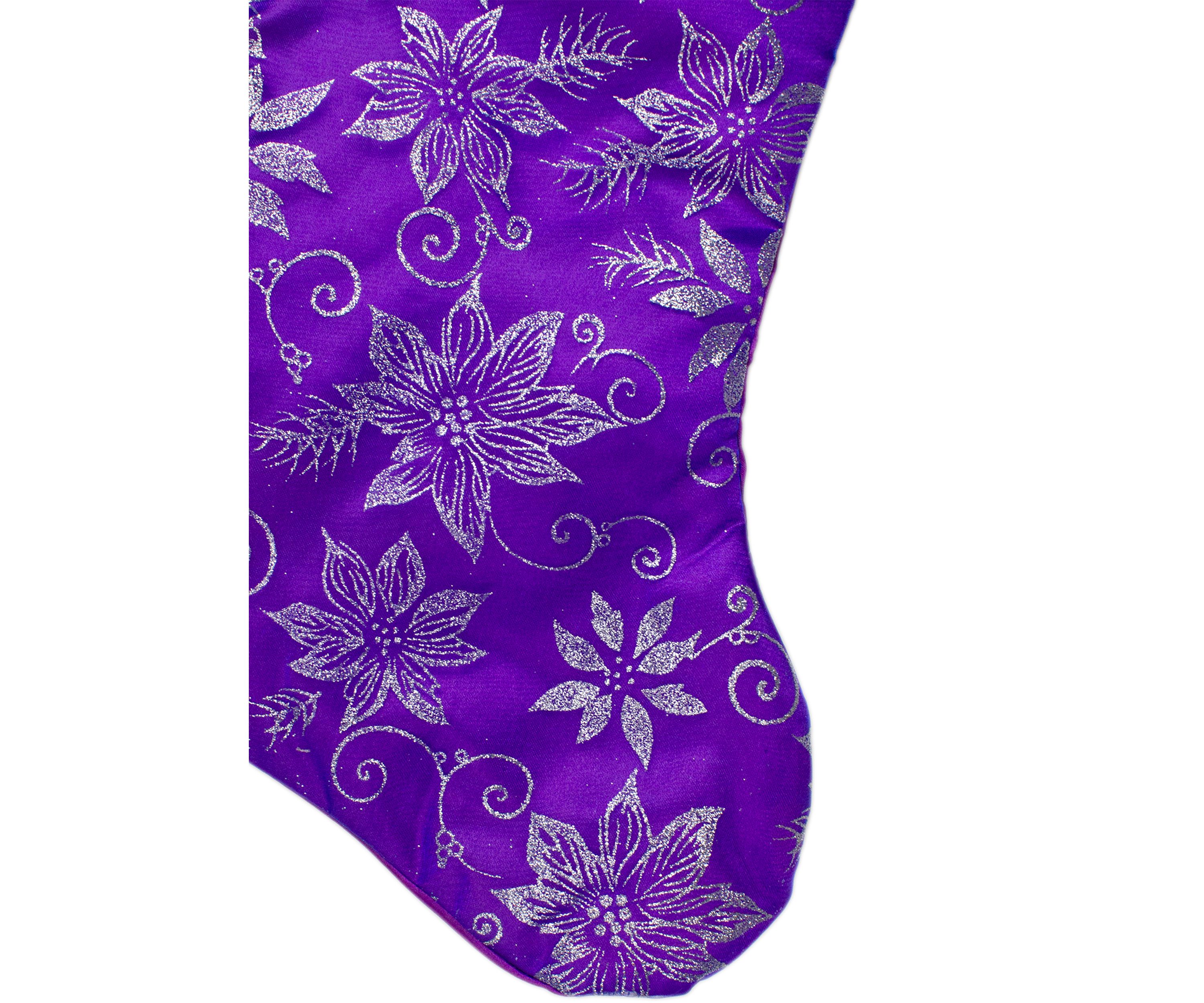 20Inch Purple and Silver Glittered Floral Christmas Stocking with Shadow Velveteen Cuff